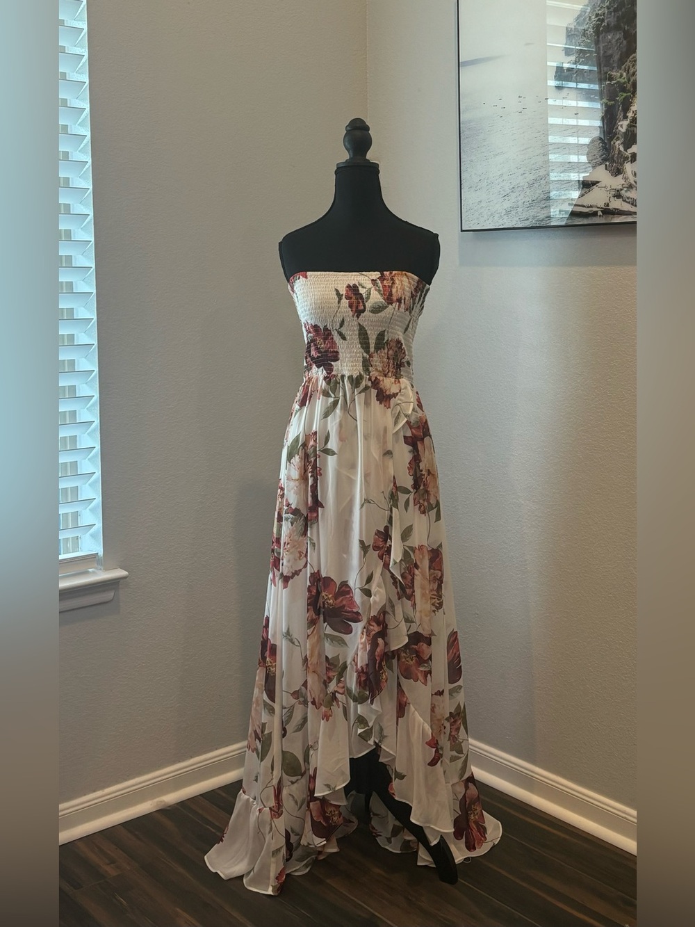 VENUS White Smocked Summer Dress with Red and Pink Florals (M)